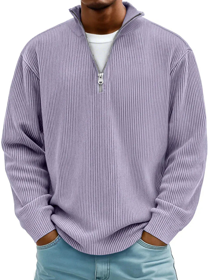Quarter zip pullover in Mauve with ribbed texture and long sleeves, on model