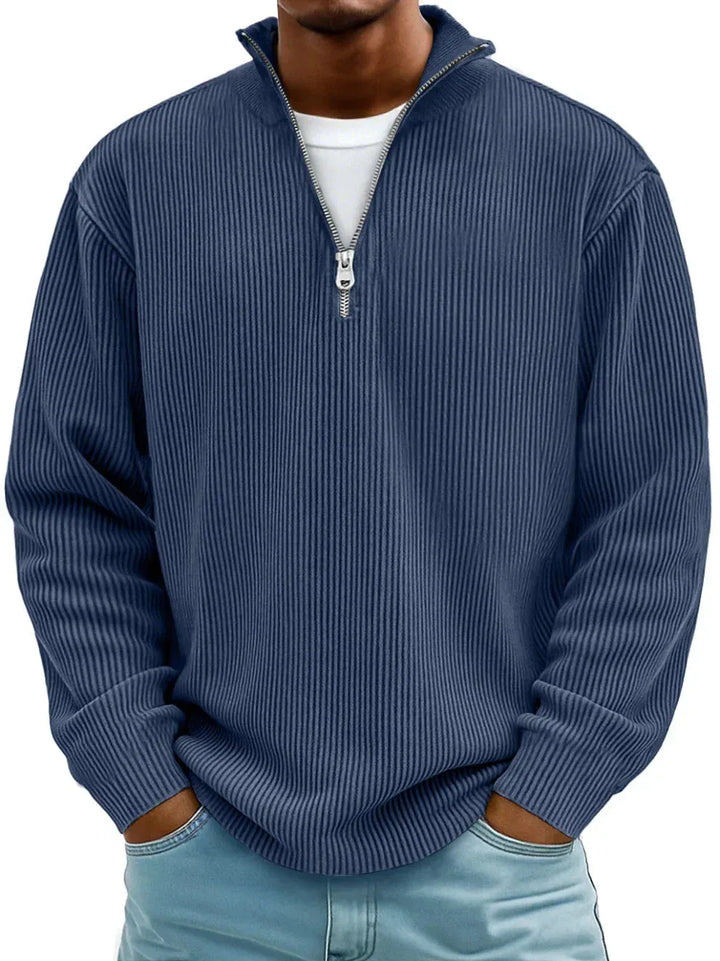 Navy ribbed knit pullover with half zip and stand collar, front view