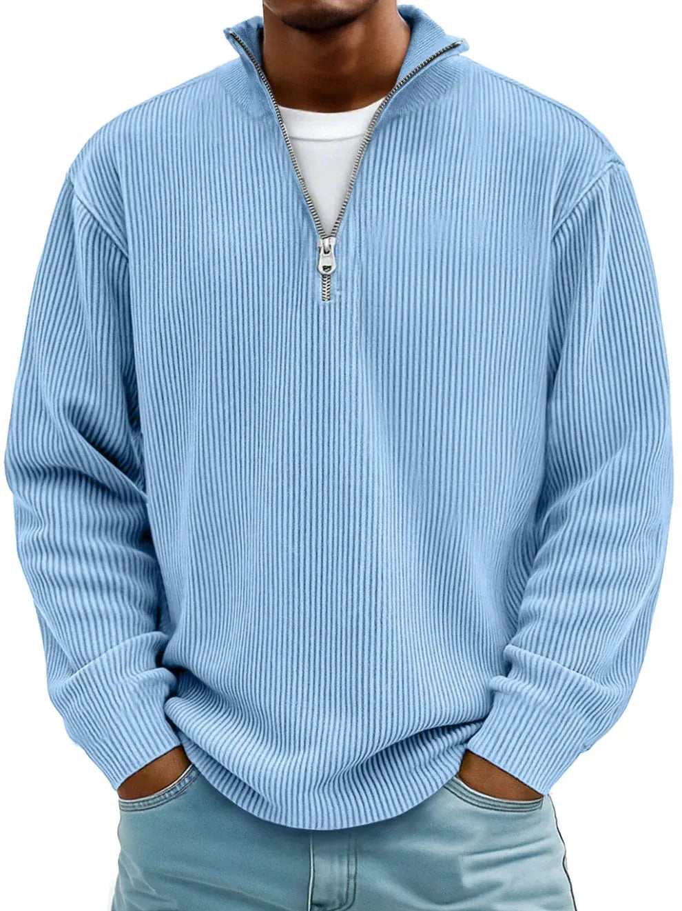 Men's quarter zip sweater in Sky Blue, ribbed knit with stand collar, front view