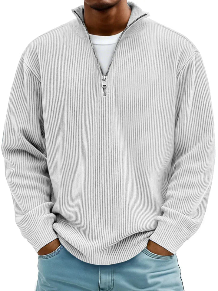 Stand collar quarter zip sweater in White, styled with a white tee underneath