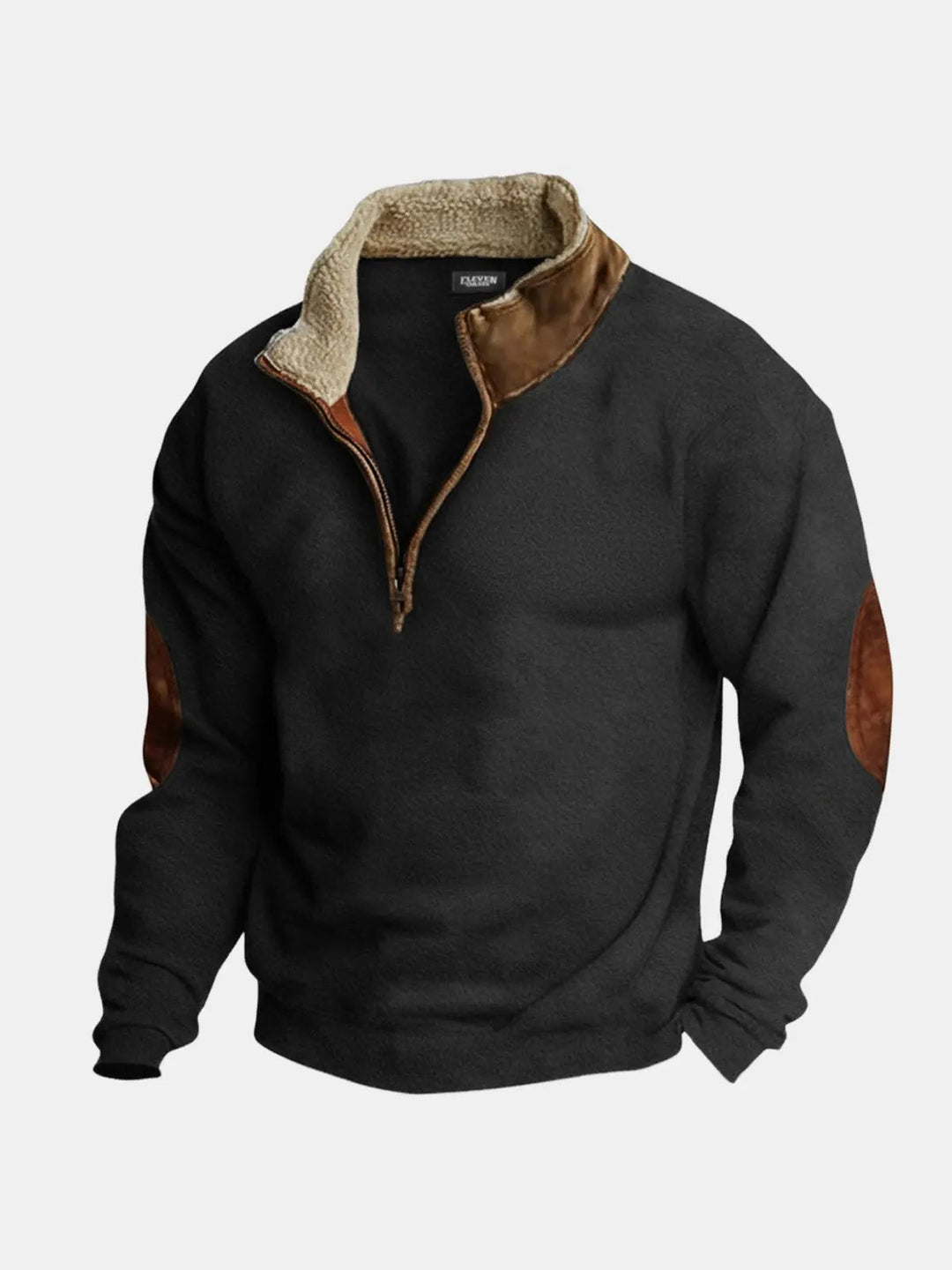 Black quarter zip pullover with fleece collar and tan elbow patches, flat view