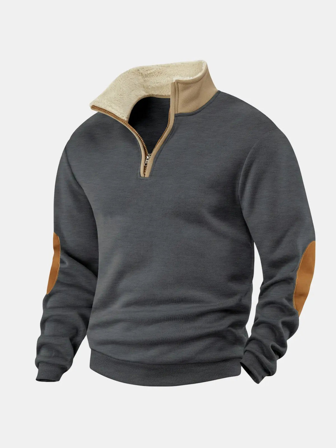 Dark gray quarter zip pullover with fleece collar and tan elbow patches, flat view