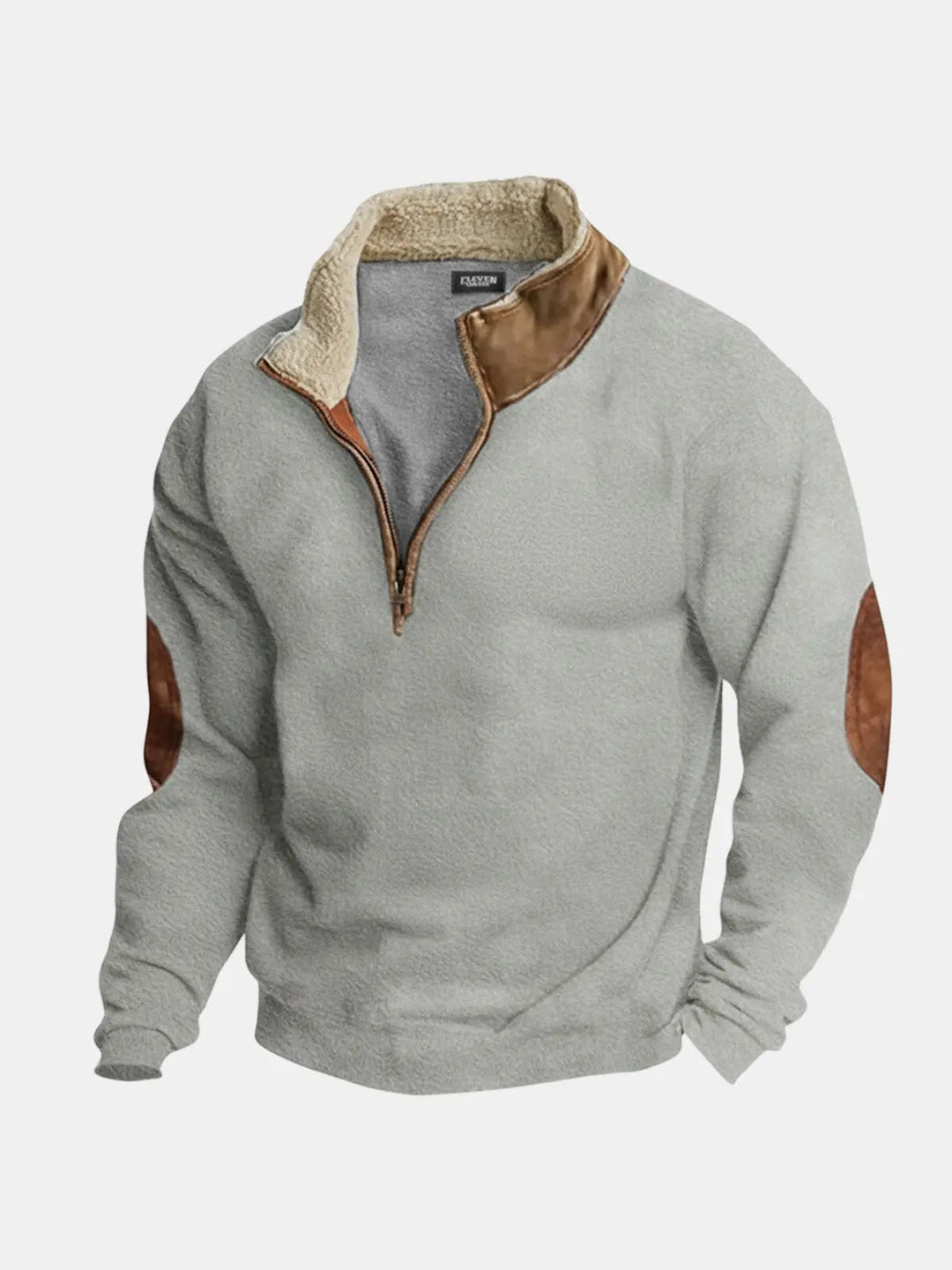 Gray quarter zip pullover with fleece collar and tan elbow patches, flat view