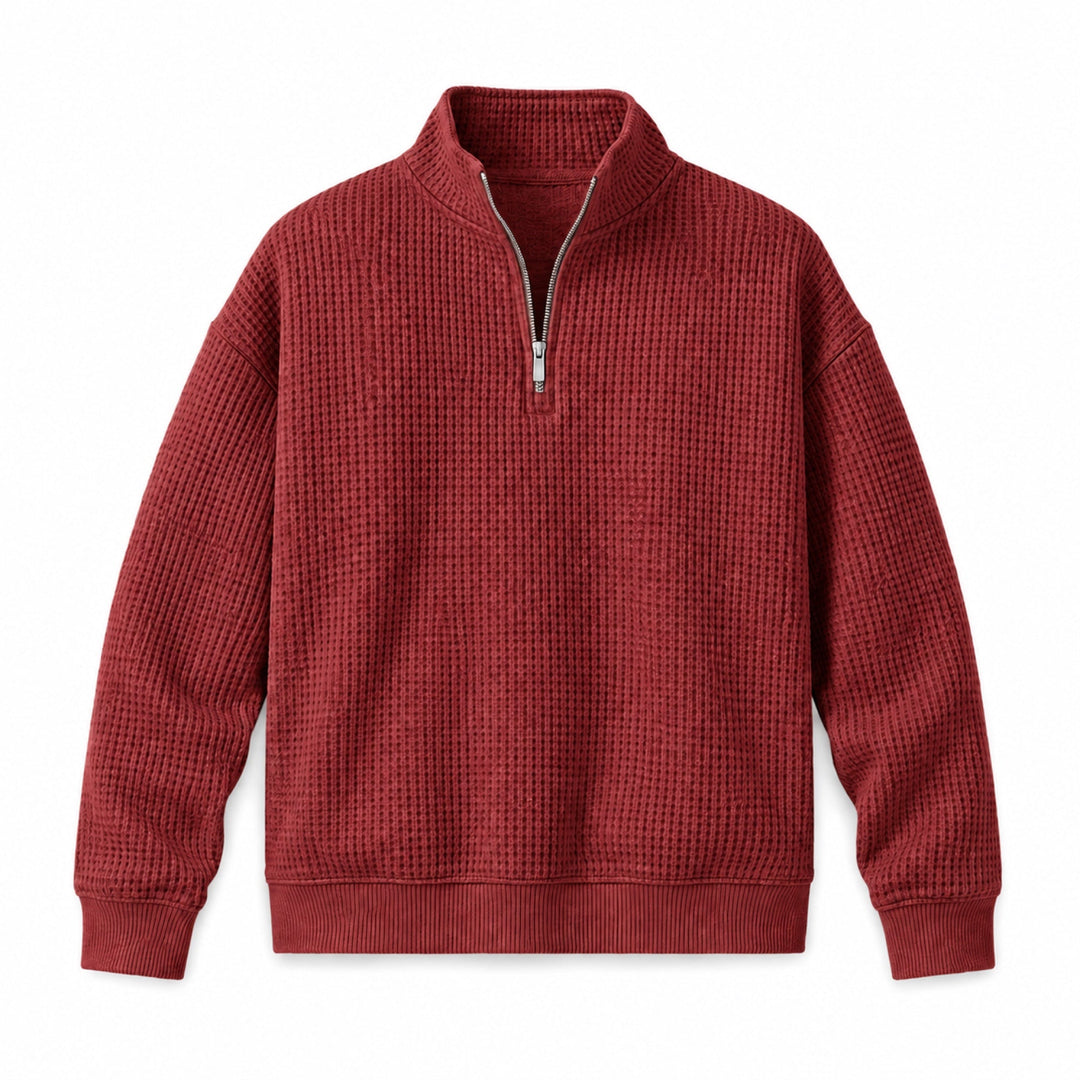 Brick red quarter zip sweater with waffle knit texture, flat front view