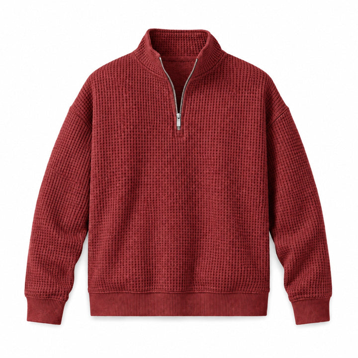 Brick red quarter zip sweater with waffle knit texture, flat front view