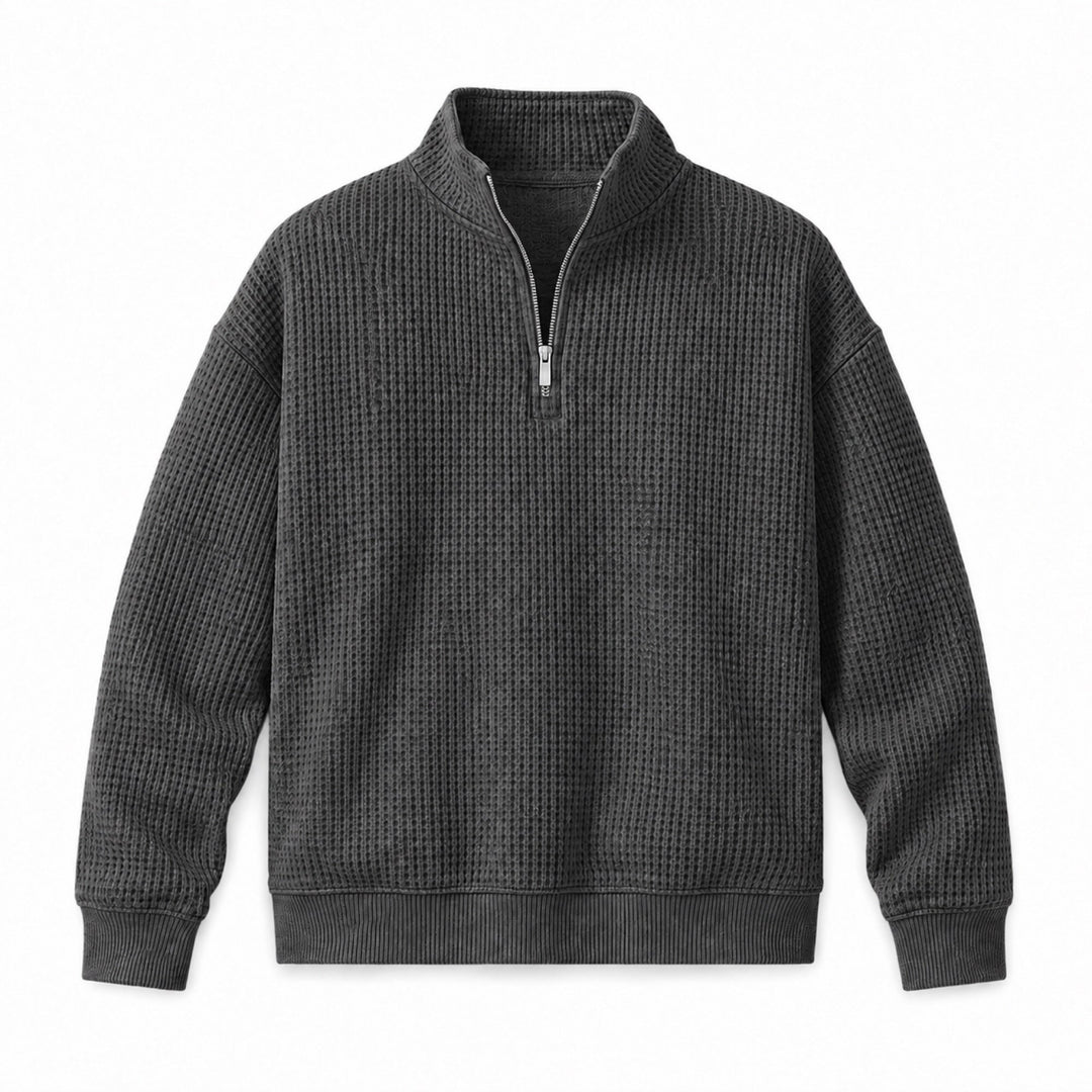 Charcoal quarter zip sweater with waffle knit stand collar, flat front view