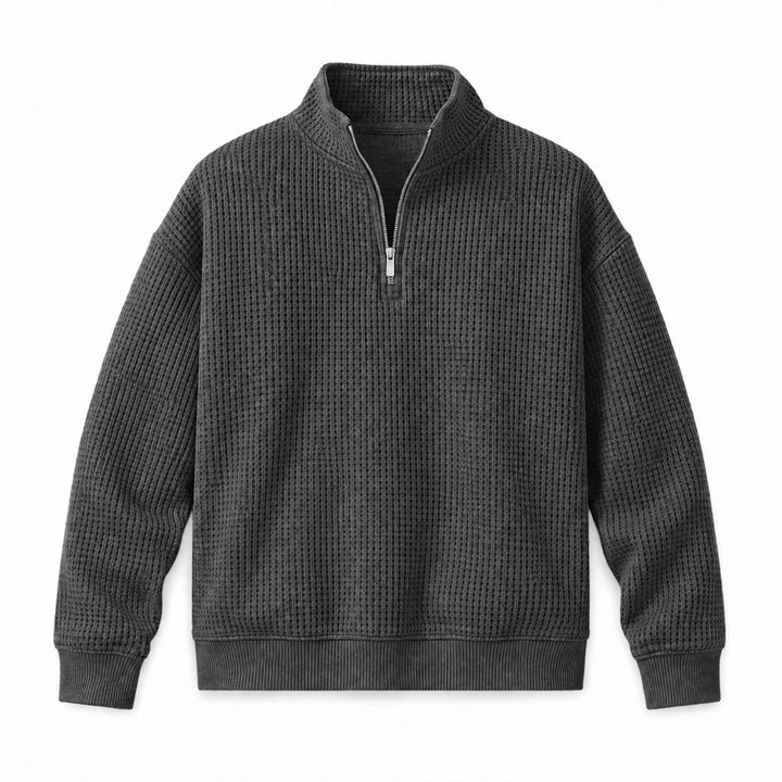 Charcoal quarter zip sweater with waffle knit stand collar, flat front view