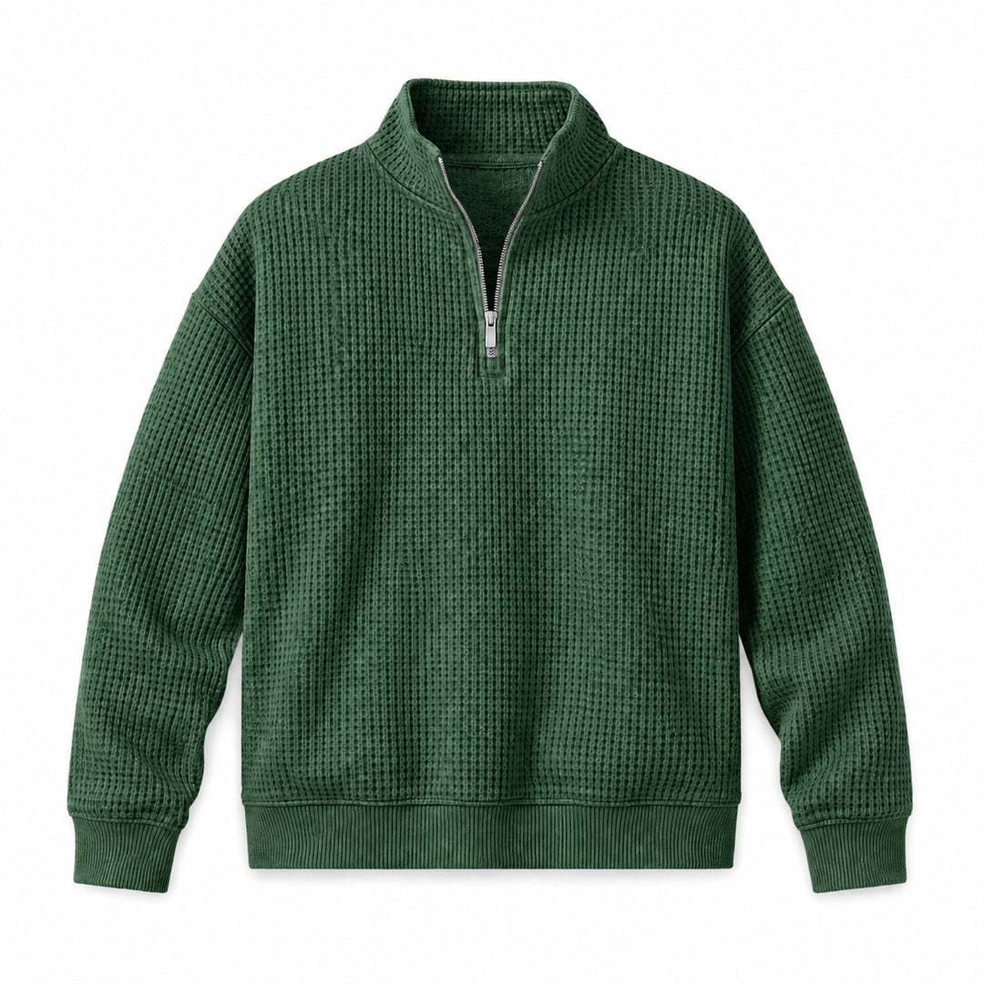 Forest green quarter zip sweater in waffle knit, flat front view
