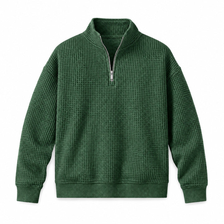 Forest green quarter zip sweater in waffle knit, flat front view