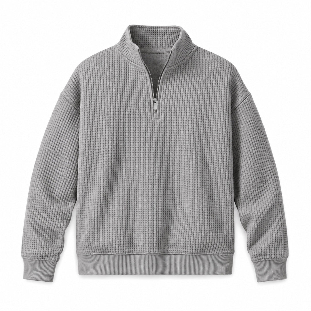 Light gray quarter zip sweater with stand collar, flat front view