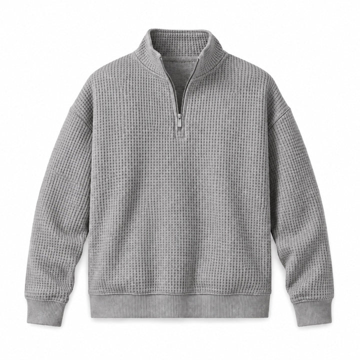 Light gray quarter zip sweater with stand collar, flat front view