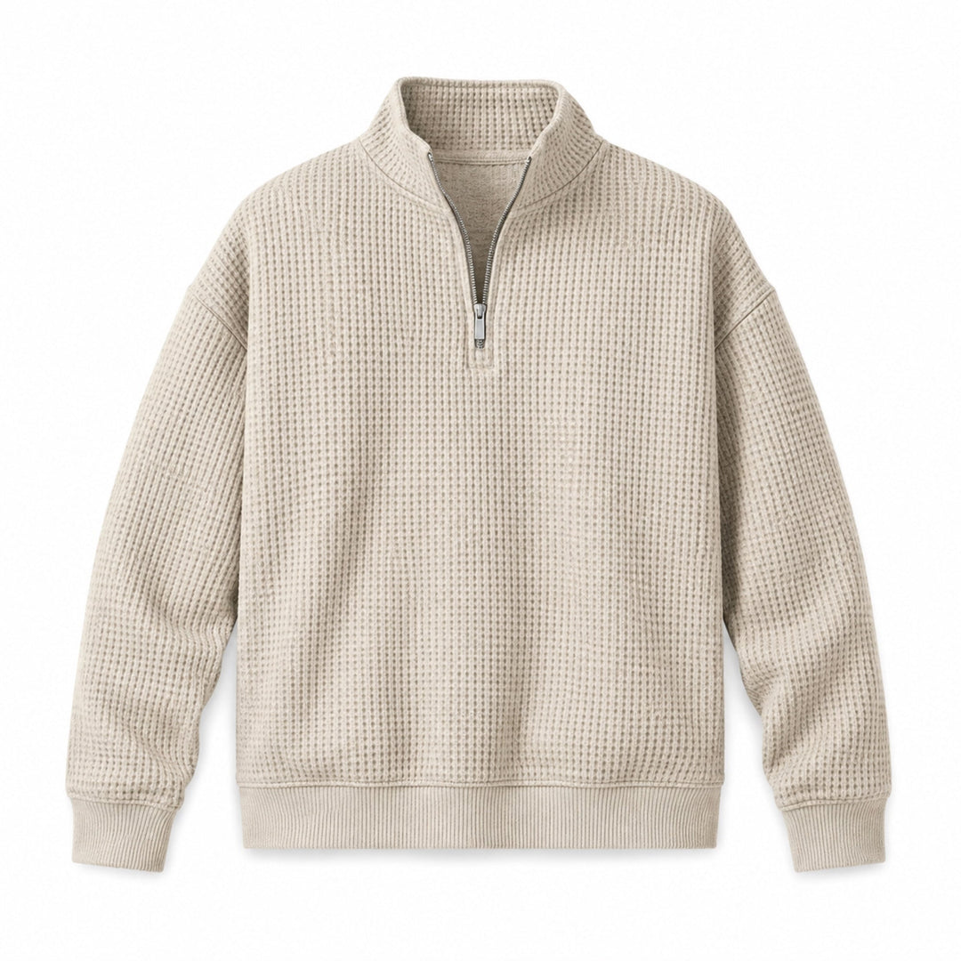 Men's oatmeal quarter zip sweater, waffle knit with stand collar, flat front view