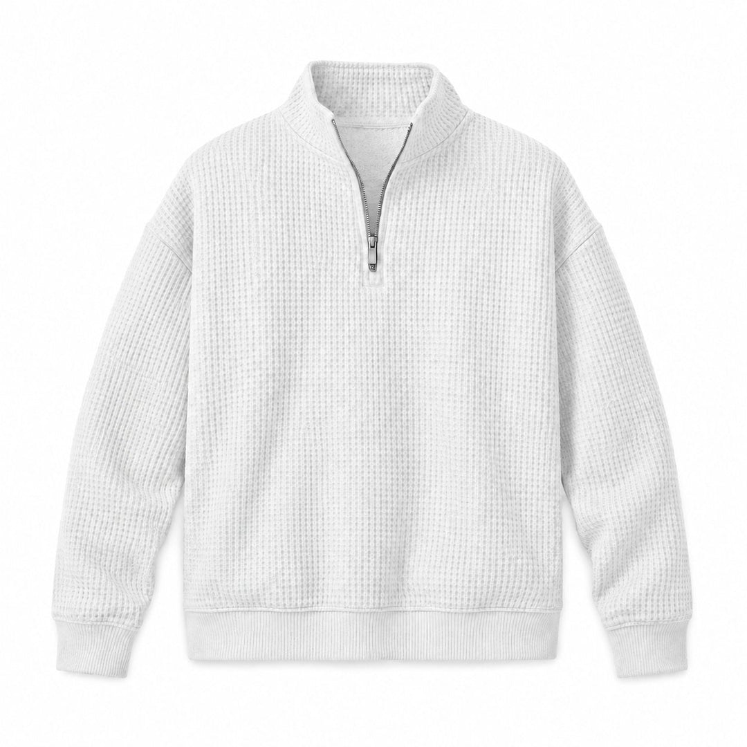 Off white waffle knit quarter zip pullover with stand collar, flat view