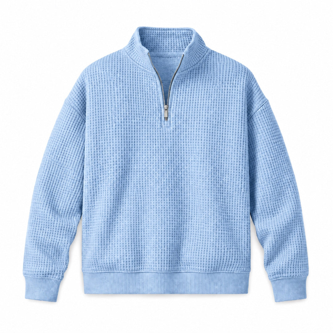 Sky blue waffle knit quarter zip pullover, flat front view