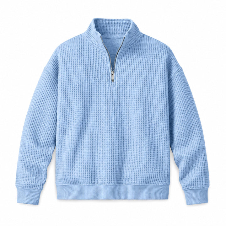 Sky blue waffle knit quarter zip pullover, flat front view