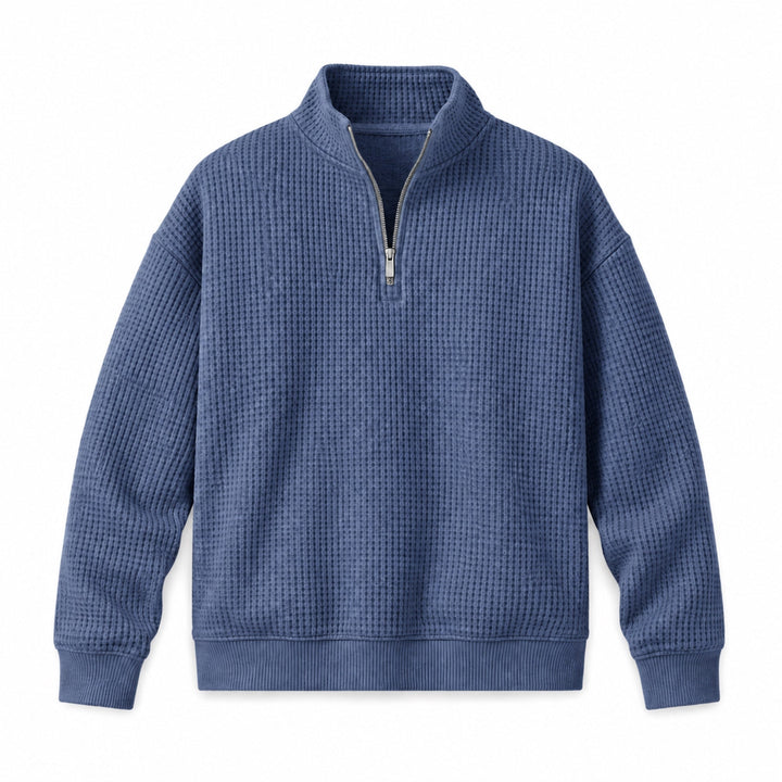 Slate blue waffle knit quarter zip pullover, flat front view