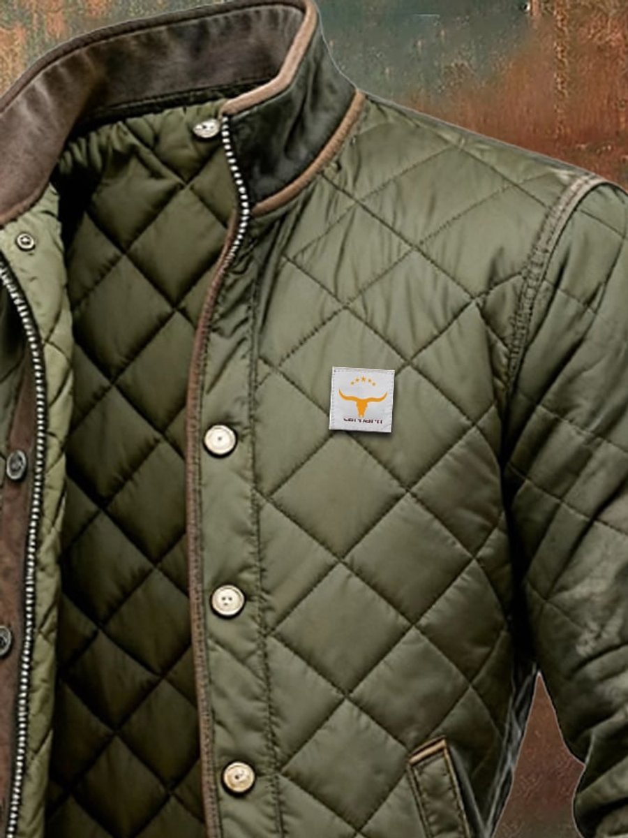 Close view of the snap front, stand collar trim and diamond quilting