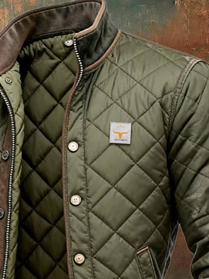 Close view of the snap front, stand collar trim and diamond quilting