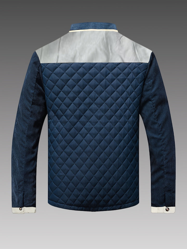 Back view of navy and gray quilted jacket with diamond quilting
