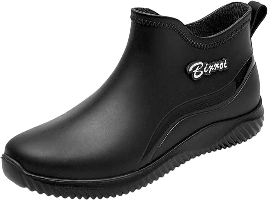 Men's rain boots in black, short slip on ankle style with grip sole