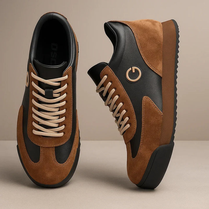 Top and side view of caramel and black two tone retro sneakers with cream laces