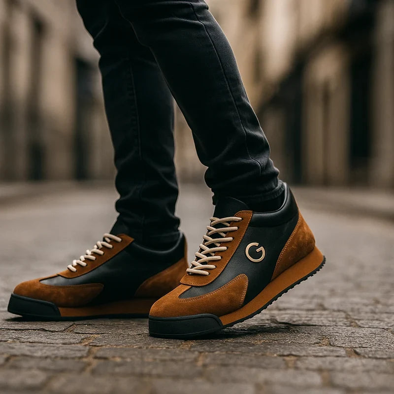 Caramel and black retro sneakers worn with black jeans on a cobblestone street