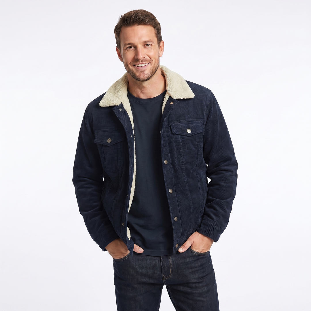 Men's navy corduroy sherpa jacket, front view on a model