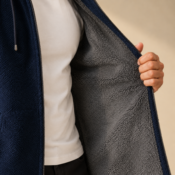 Open navy jacket showing the soft gray sherpa lining inside