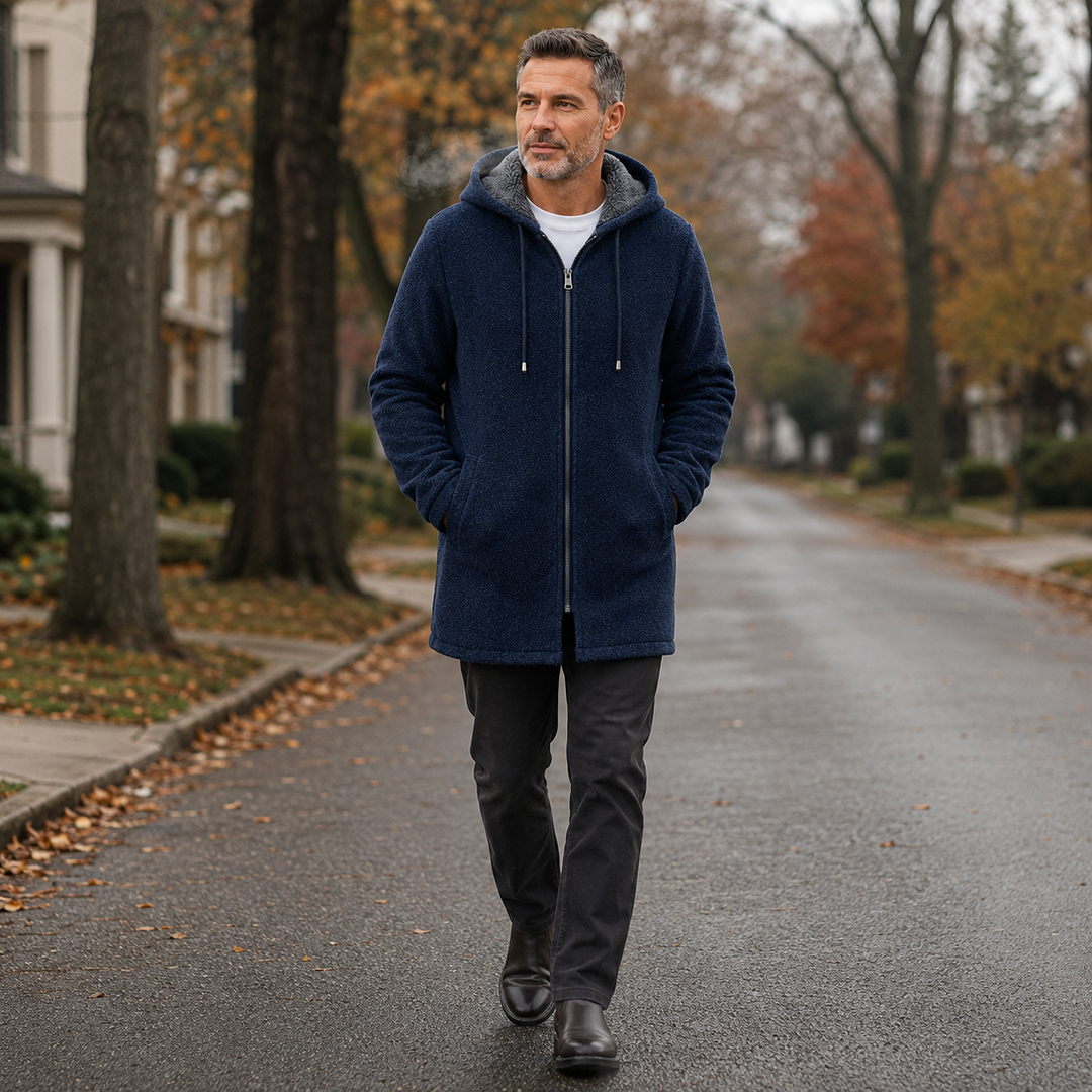 Man walking down a tree lined street in the navy longline hooded jacket