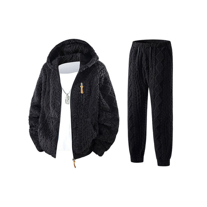 Black zip hoodie and joggers laid flat with elastic ankle cuffs