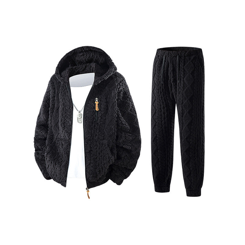 Men's sherpa tracksuit in black, hooded zip jacket and jogger set