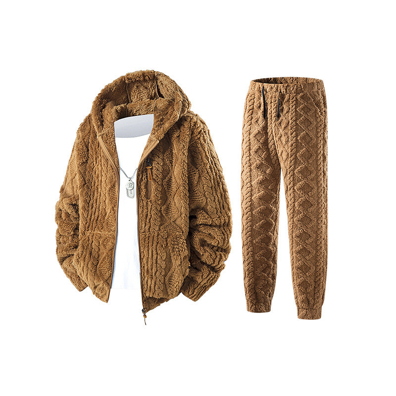 Camel sherpa zip hoodie and joggers with a diamond knit-look texture