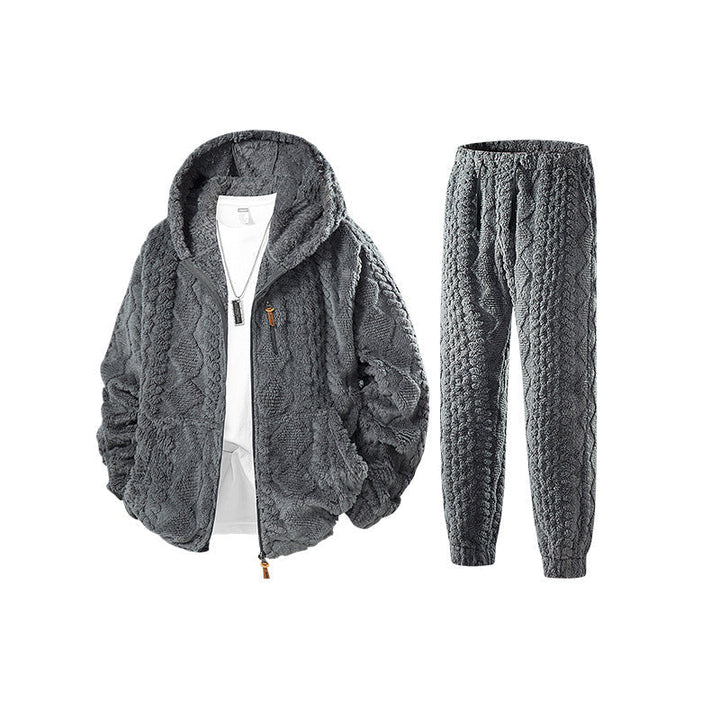 Gray plush tracksuit set with hood and jogger pants