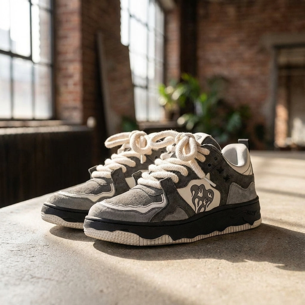 Men's skate shoes, pair on a concrete floor