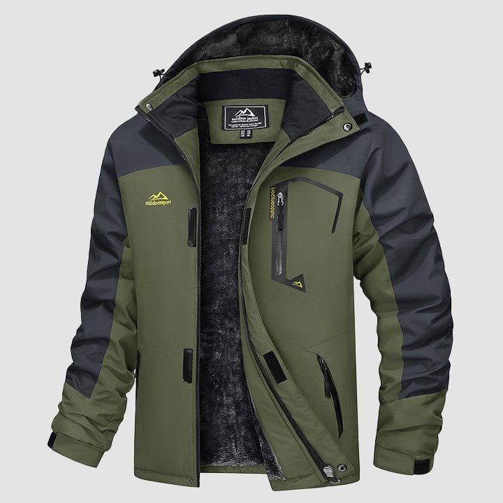 Army green ski jacket with charcoal shoulders and hood