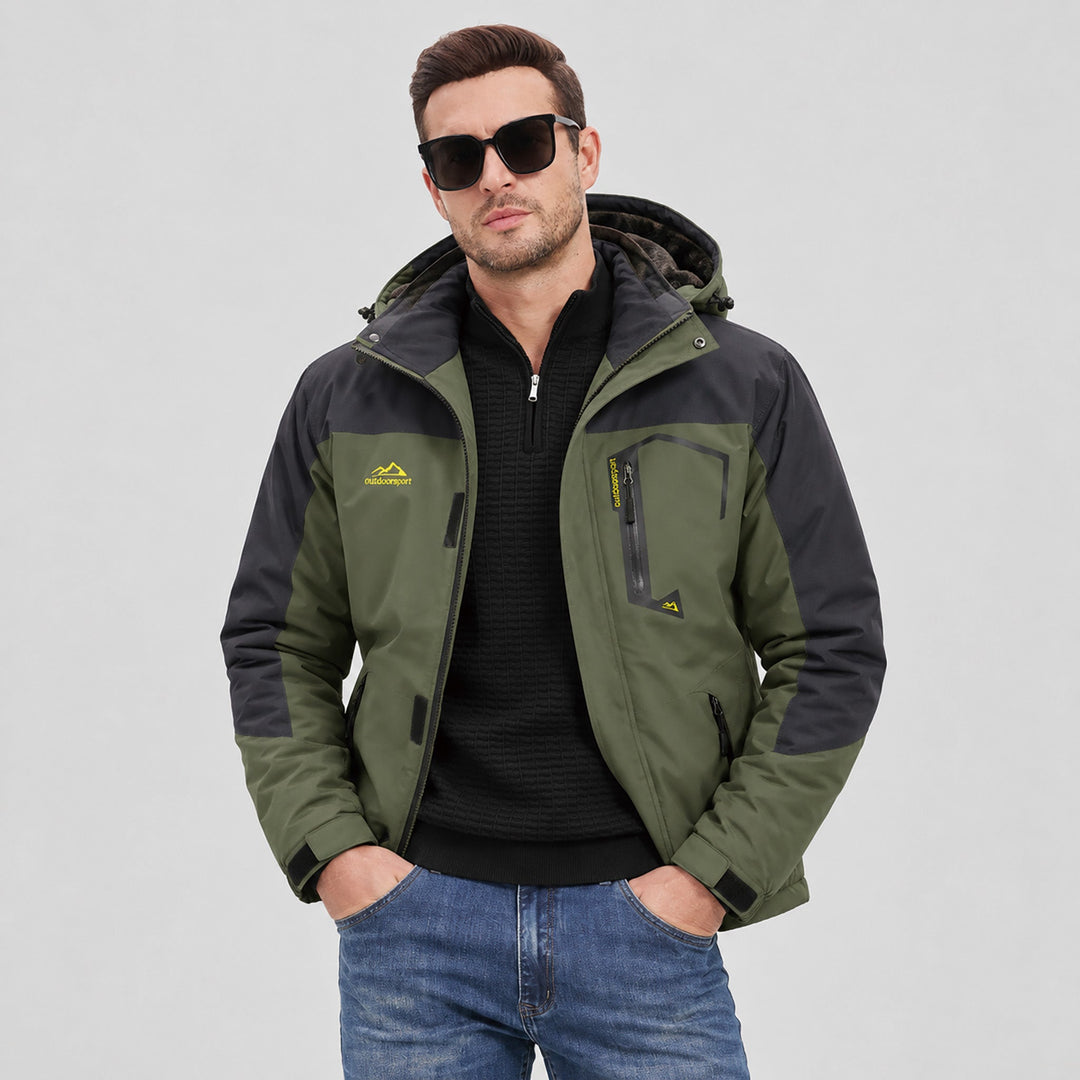 Man in the army green jacket worn over a black sweater