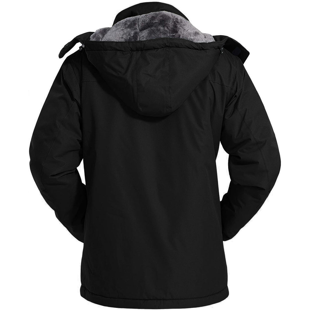 Back view of the black hooded snow jacket