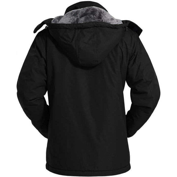 Back view of the black hooded snow jacket