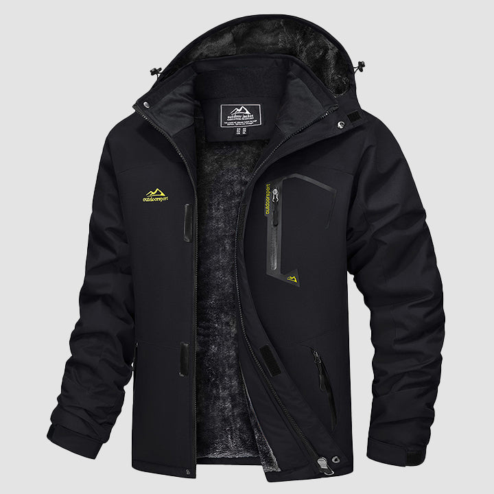 Black fleece lined ski jacket with hood and zip pockets