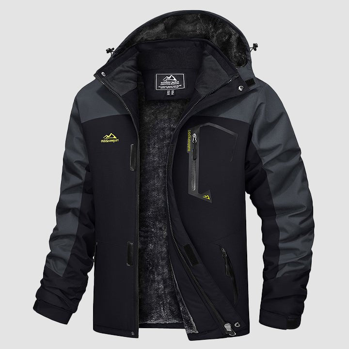 Charcoal ski jacket with black shoulder panels and hood