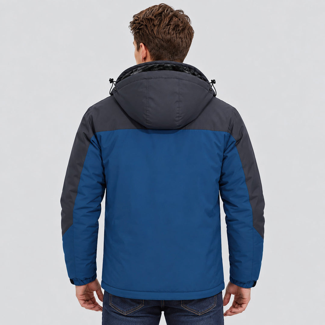 Back view of the denim blue jacket with charcoal shoulder panels