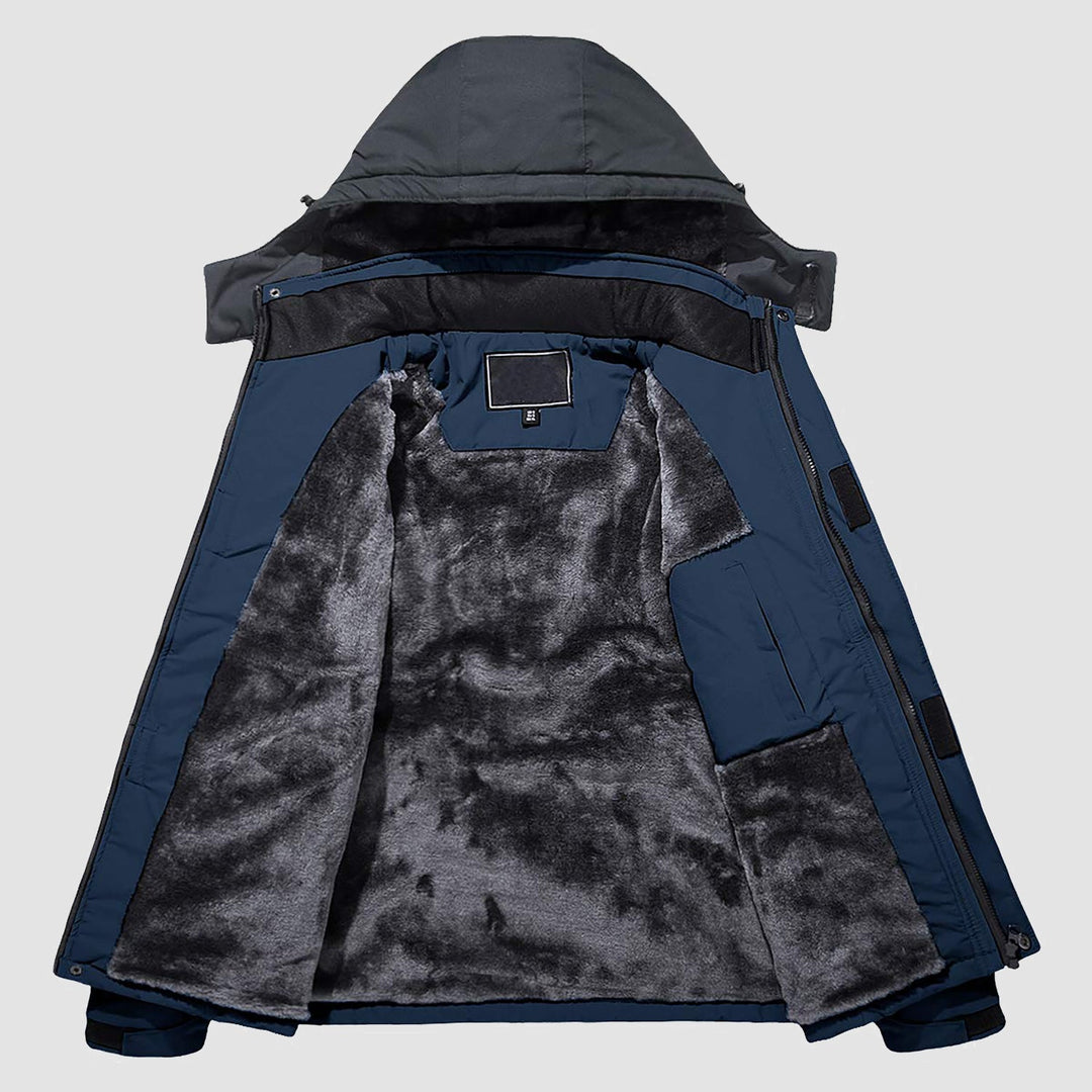 Open denim blue jacket showing the plush gray fleece lining