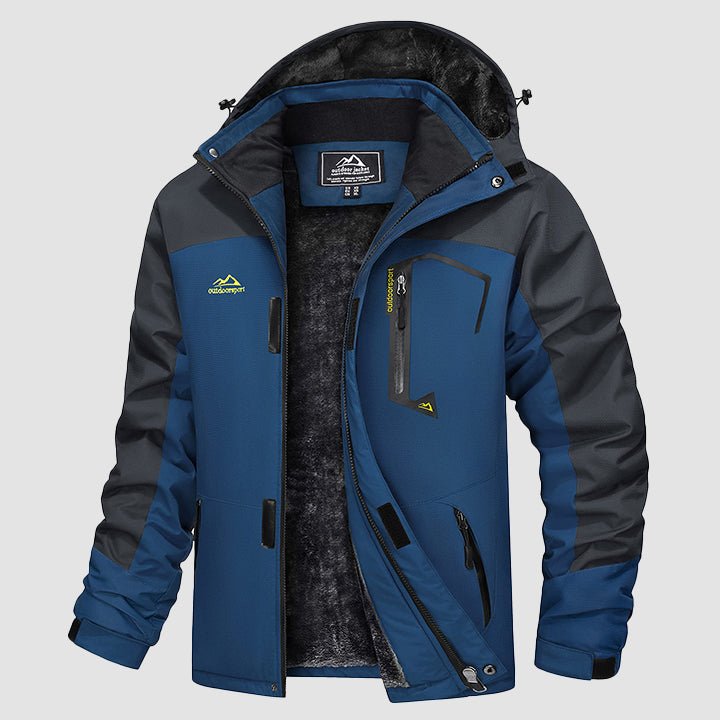 Men's ski jacket in denim blue, fleece lined hooded winter snow jacket