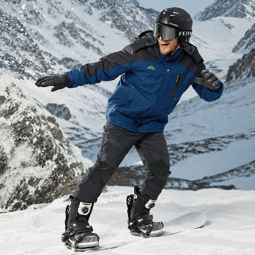 Snowboarder in the denim blue jacket riding a snowy slope