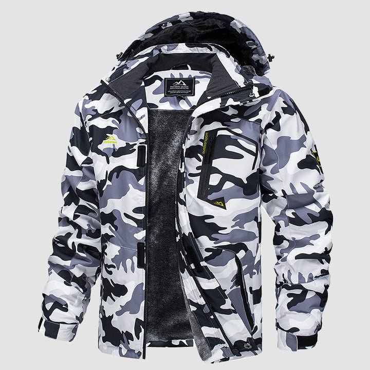 Gray camo ski jacket with hood and fleece lining
