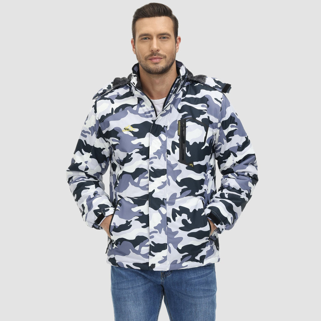 Man wearing the gray camo snow jacket zipped up