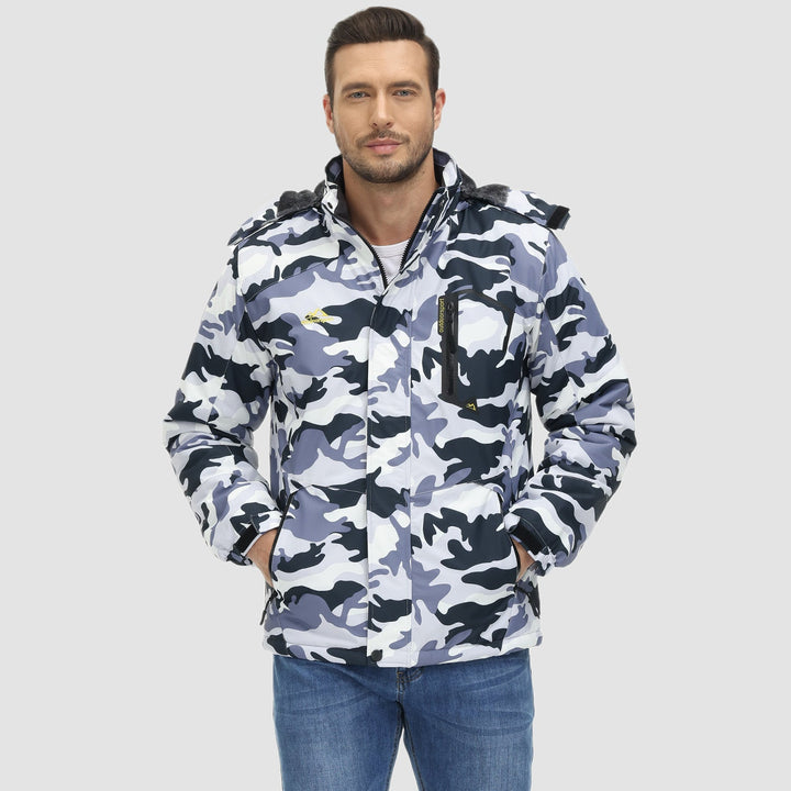 Man wearing the gray camo snow jacket zipped up