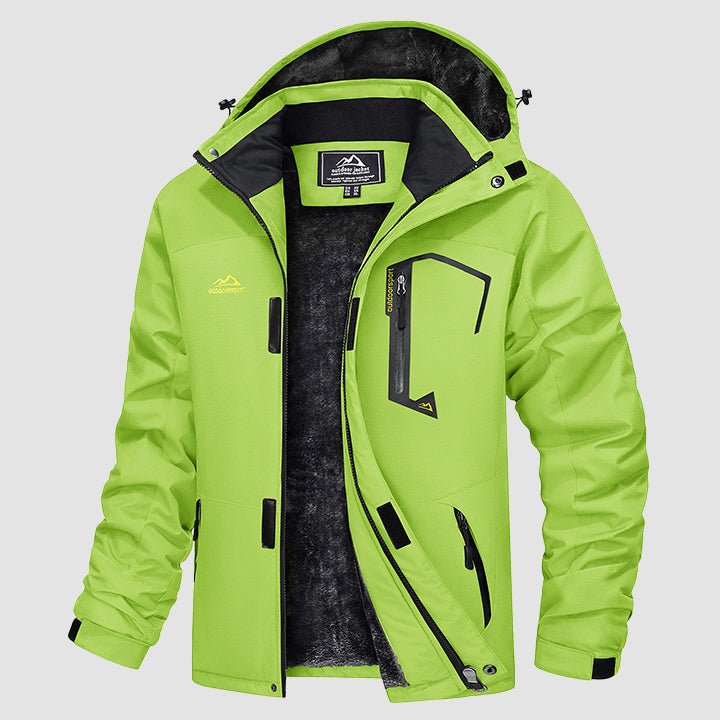 Lime green ski jacket with black trim and fleece lined hood