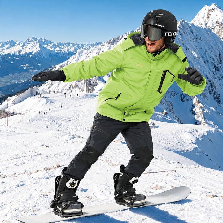 Snowboarder in the lime green jacket carving fresh snow
