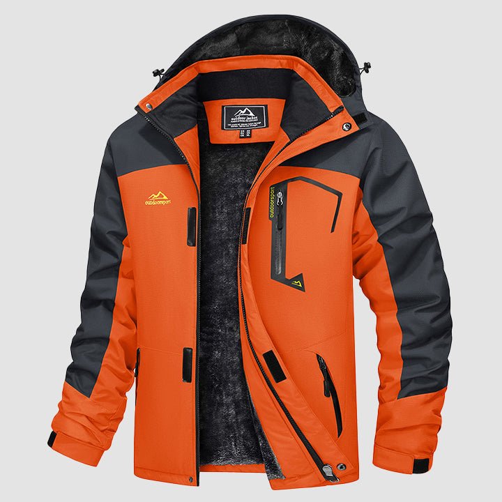 Orange ski jacket with charcoal panels and fleece lined hood